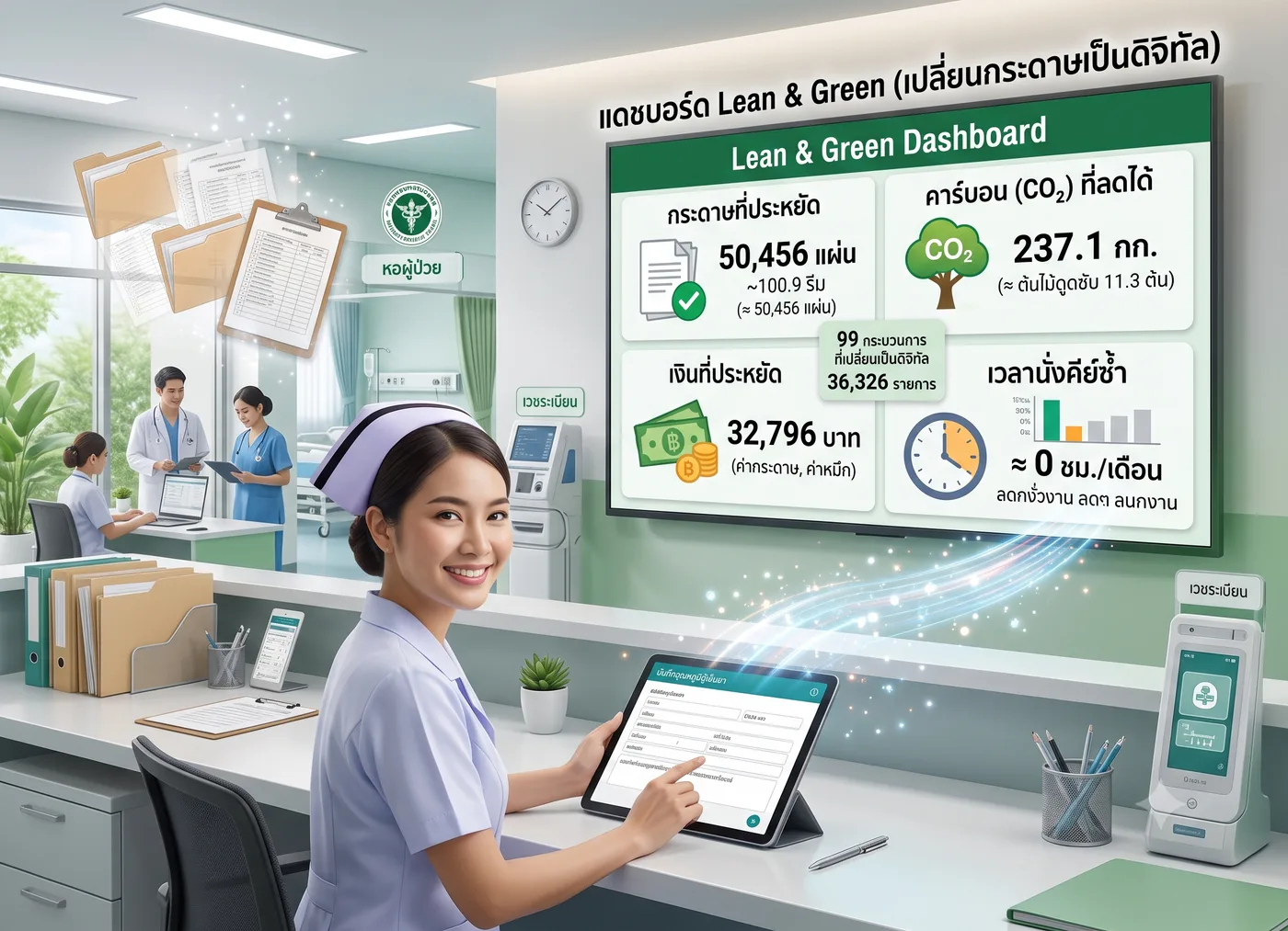 Lean & Green — เลิกกระดาษในโรงพยาบาล ประหยัดจริงเท่าไหร่ (เคสจริง before → after)